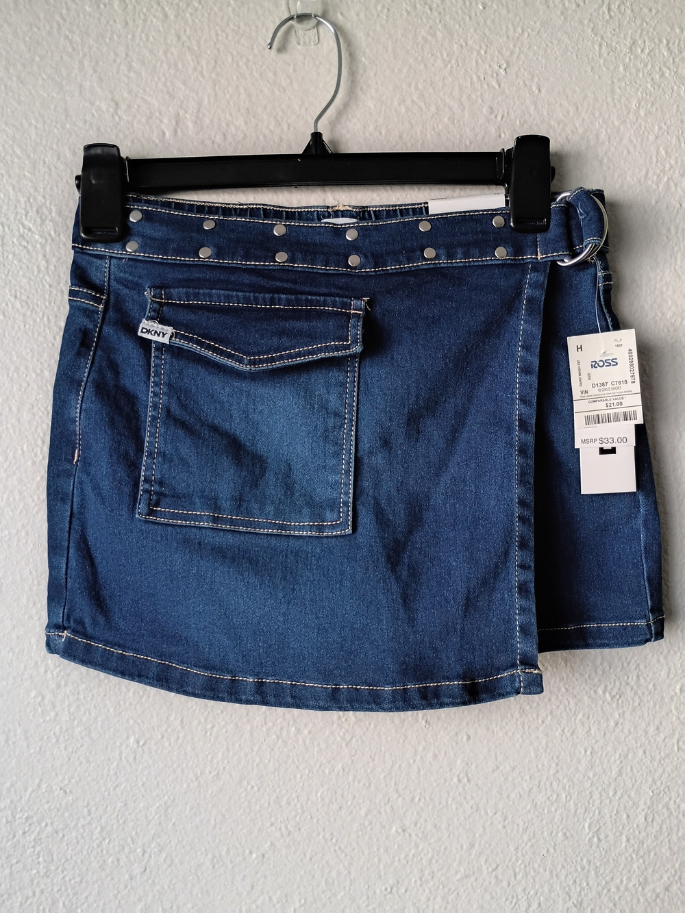 DKNY NWT Girl's Blue Denim Skort with Studded Belt Pockets In Front/Back Size 10